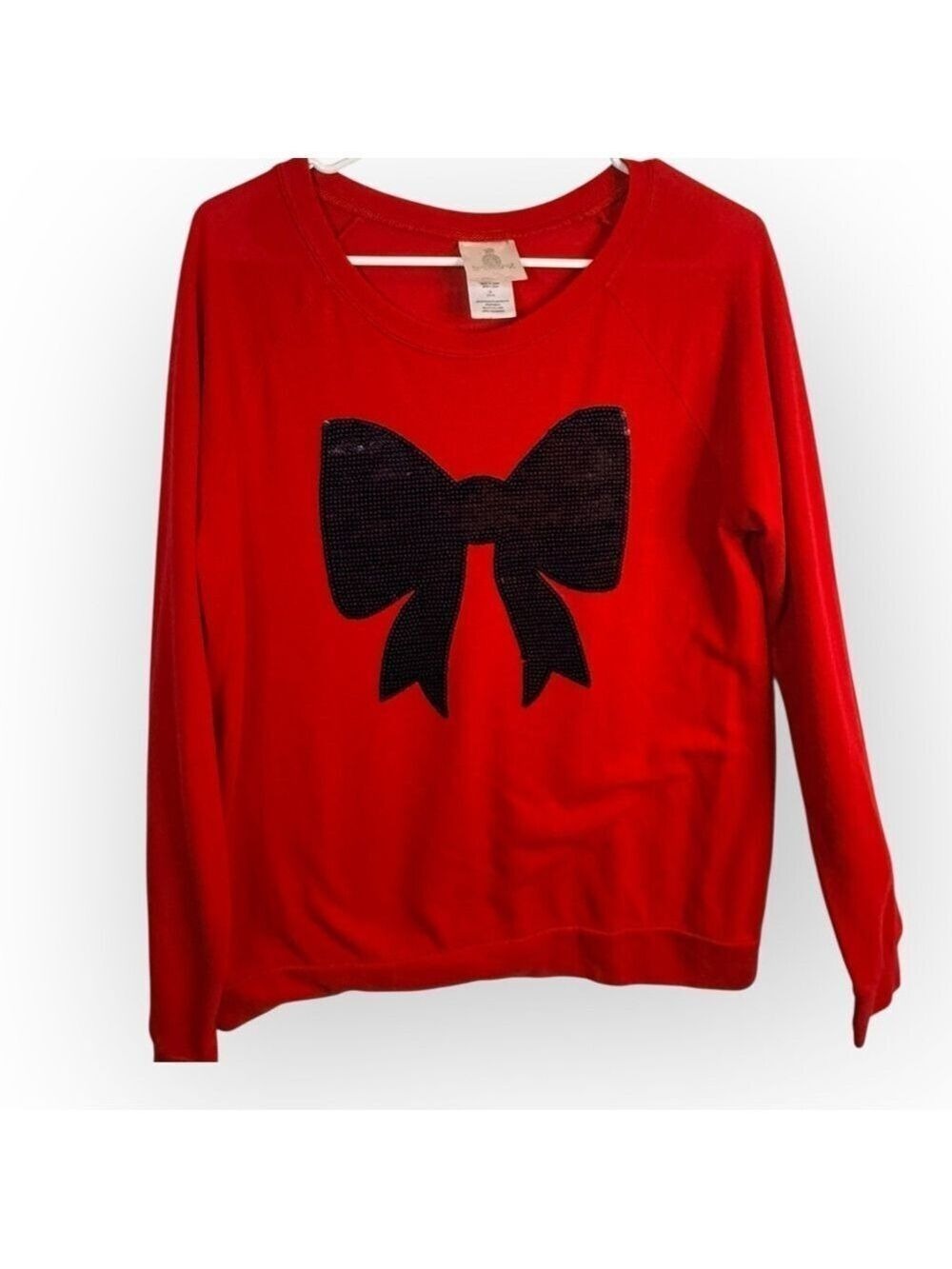 JL Red Sweater Large Black Sequin Bow Y2K - Picture 2 of 4